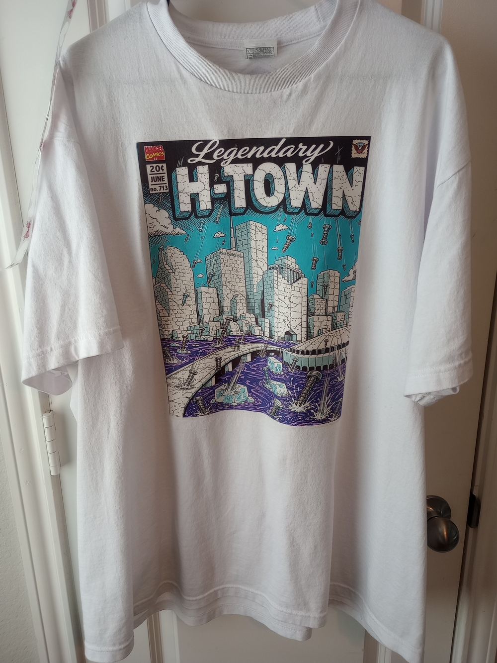 Gildan White Short-Sleeve Tee with Teal & Purple City Graphic